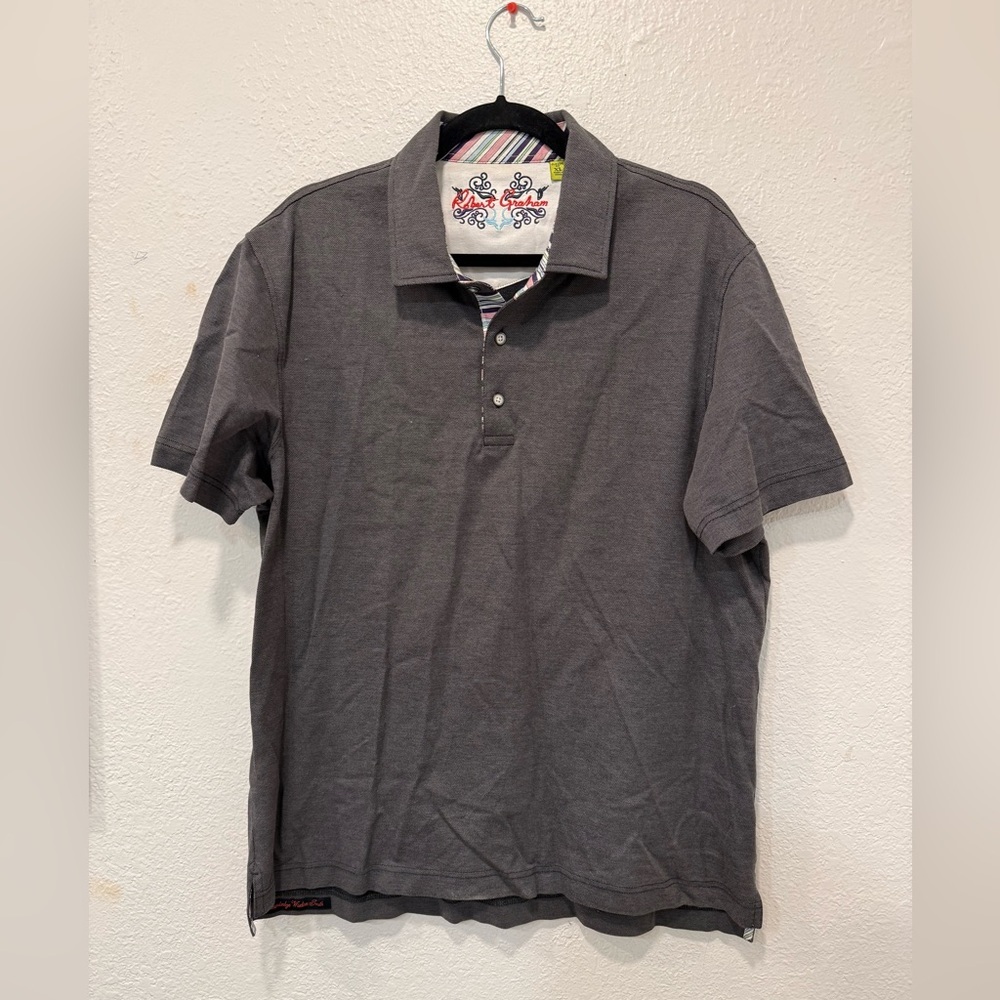 Robert Graham Polo Mens Large Shirt Classic Fit Gray Pique Knit Short Sleeve